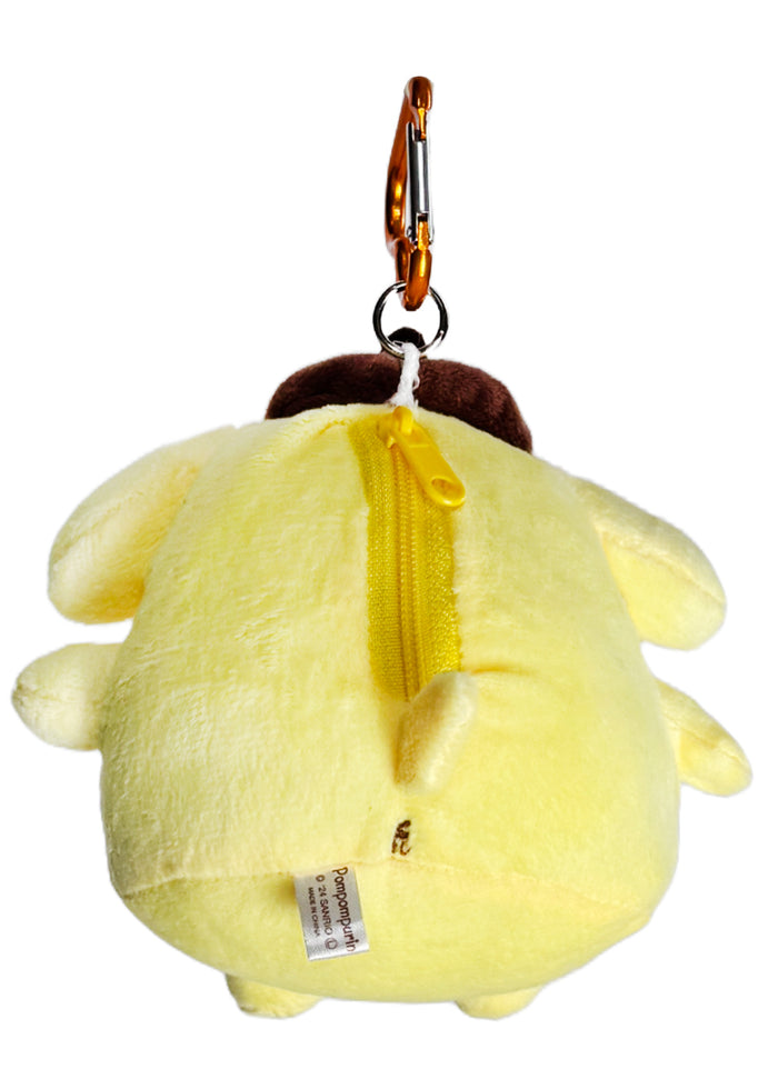 Sanrio Pompompurin Plush Mascot Carabiner Pouch in yellow with 3D Pompompurin plush on carabiner pouch festival accessory — back view