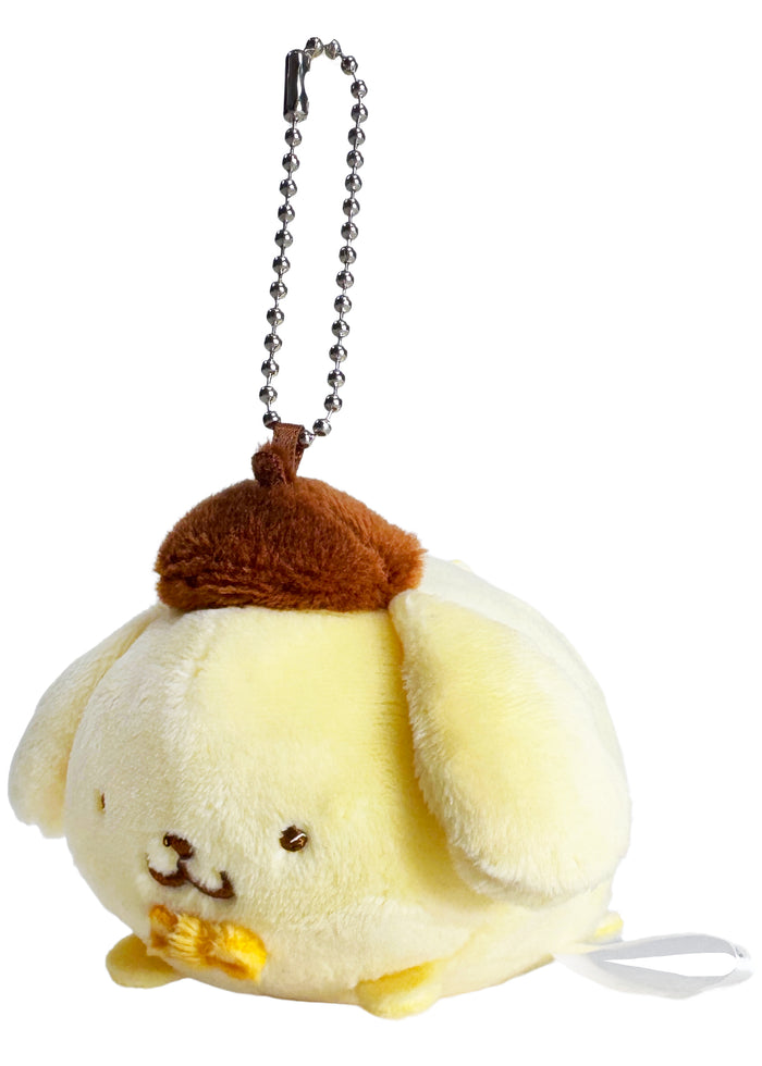 Sanrio Pompompurin Plush Mascot Keychain in yellow with chibi Pompompurin plush on soft festival mascot keychain — front view