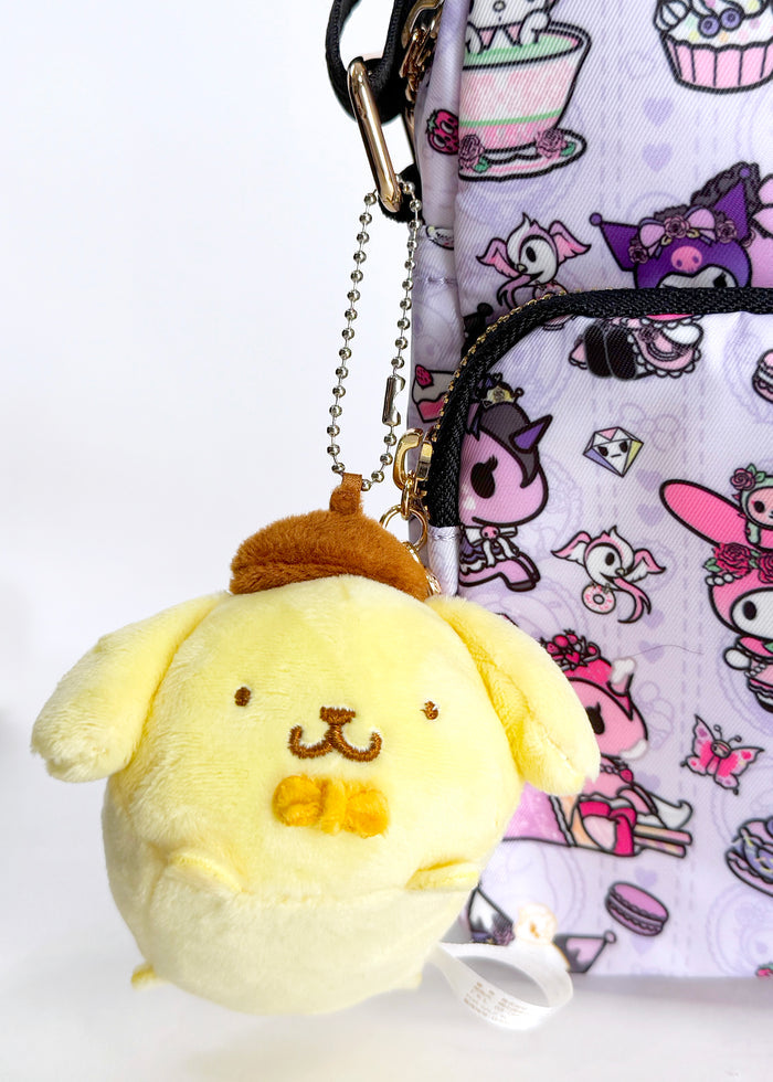 Sanrio Pompompurin Plush Mascot Keychain in yellow with chibi Pompompurin plush on soft festival mascot keychain — detail view