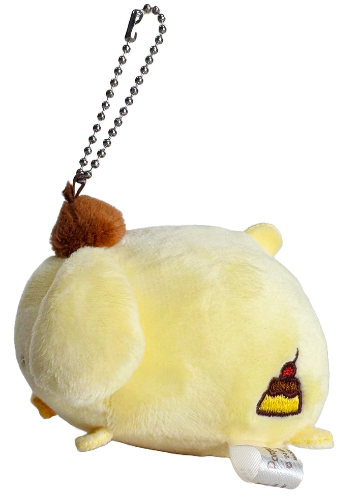 Sanrio Pompompurin Plush Mascot Keychain in yellow with chibi Pompompurin plush on soft festival mascot keychain — side view
