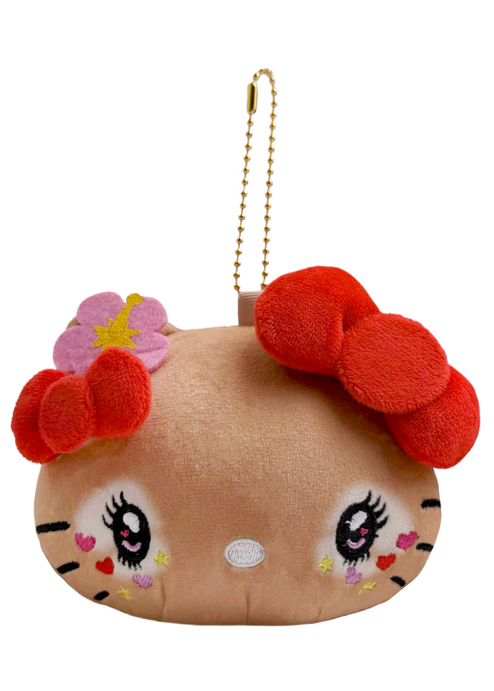 Sanrio Tanned Hello Kitty Hibiscus Face Plush Coin Pouch in brown with tanned Hello Kitty in hibiscus floral design on soft plush coin pouch — front view