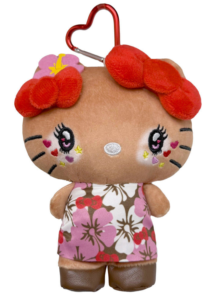 Sanrio Tanned Hello Kitty Hibiscus Plush Mascot Carabiner in multi with tanned Hello Kitty in hibiscus floral design on plush carabiner rave accessory — front view