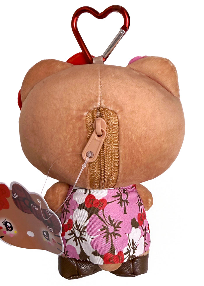 Sanrio Tanned Hello Kitty Hibiscus Plush Mascot Carabiner in multi with tanned Hello Kitty in hibiscus floral design on plush carabiner rave accessory — back view
