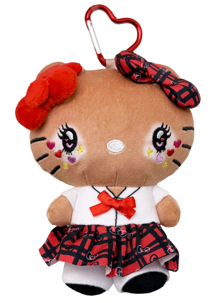 Sanrio Tanned Hello Kitty Student Plush Mascot Carabiner in multi with tanned Hello Kitty in student uniform on plush carabiner rave accessory — front view