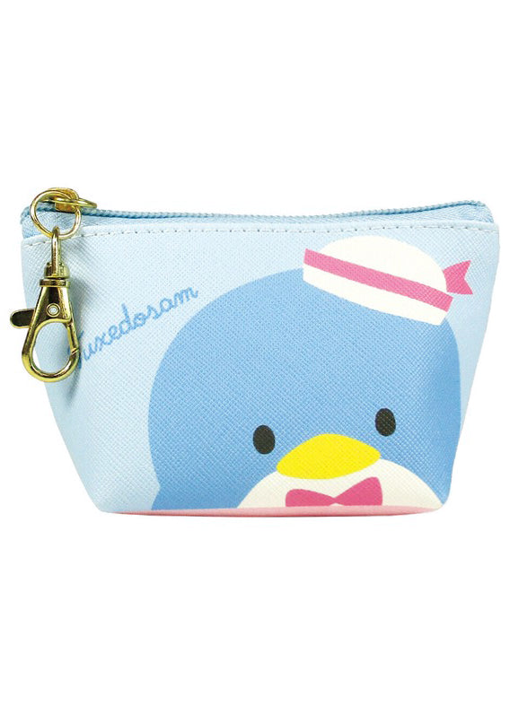 Sanrio Tuxedo Sam Big Face Mini Coin Pouch in blue with full-front Tuxedo Sam face on soft plush mini coin pouch — front view