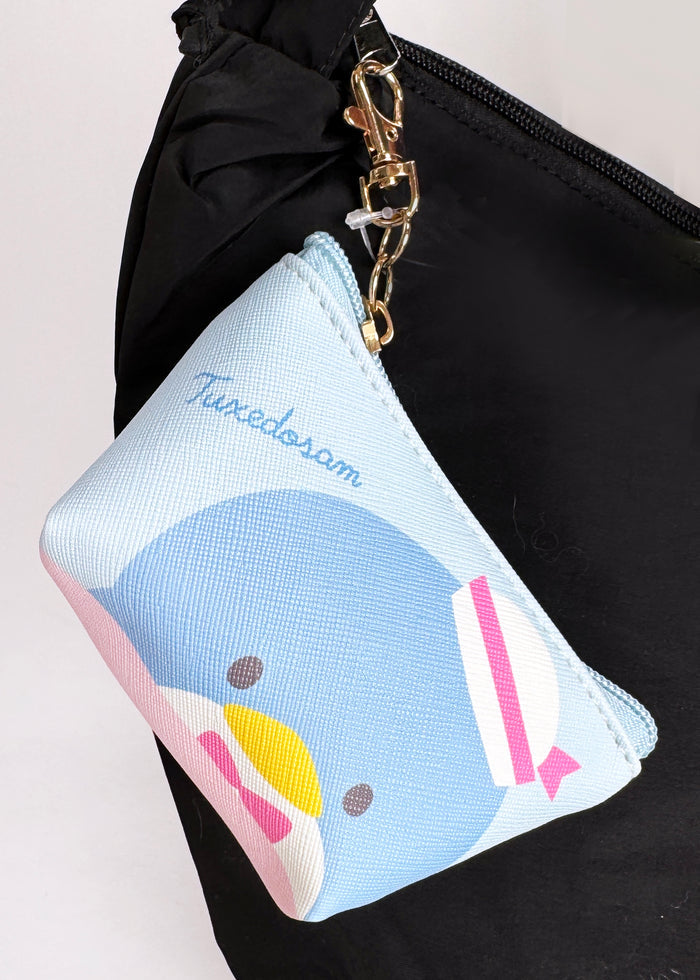 Sanrio Tuxedo Sam Big Face Mini Coin Pouch in blue with full-front Tuxedo Sam face on soft plush mini coin pouch — detail view