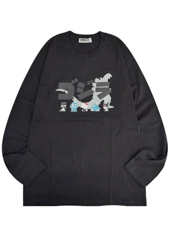 Sanrio x Godzilla Character Charcoal Long Sleeve Tee in charcoal with Sanrio x Godzilla crossover graphic on rave long sleeve tee — front view