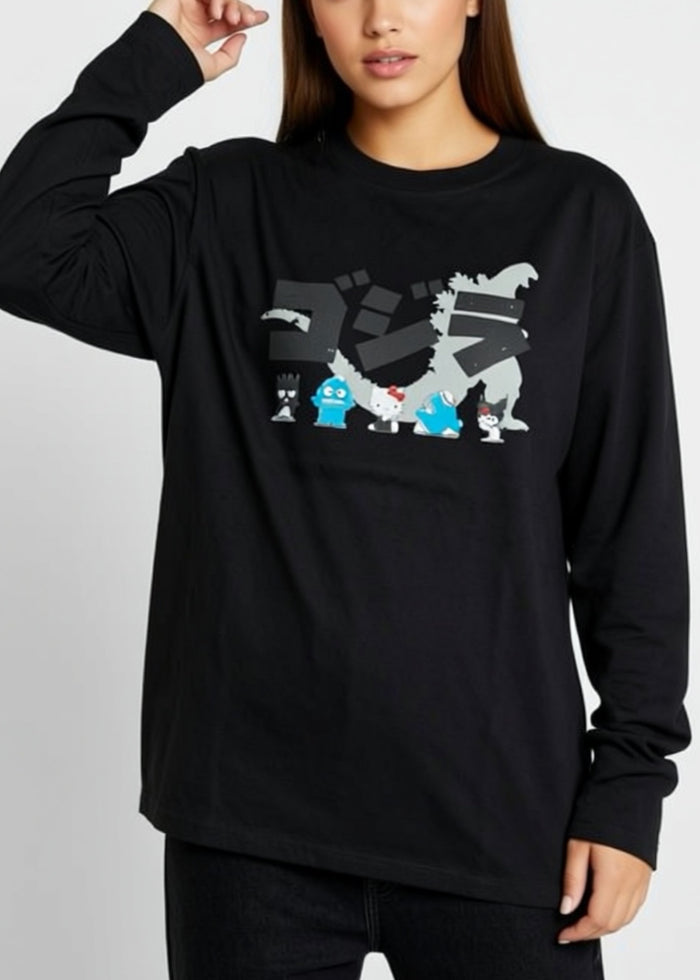 Sanrio x Godzilla Character Charcoal Long Sleeve Tee in charcoal with Sanrio x Godzilla crossover graphic on rave long sleeve tee — model view