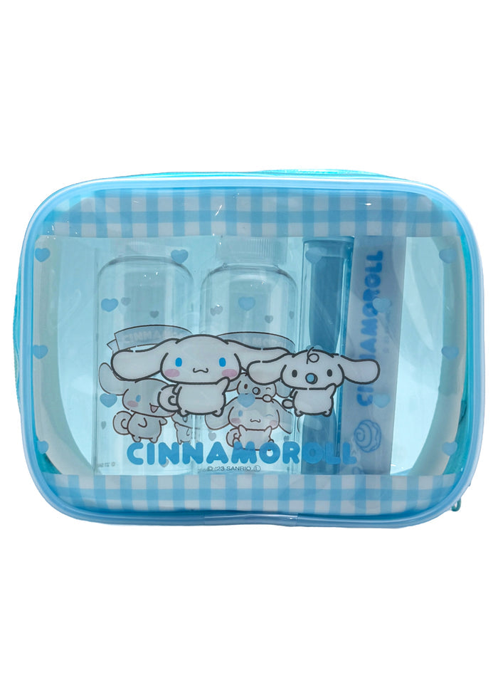 Sanrio X Skater Cinnamoroll 5PC Travel Set in blue with Cinnamoroll travel accessories set including pouches and travel containers — front view