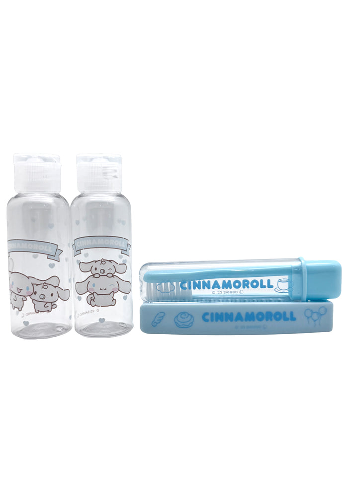 Sanrio X Skater Cinnamoroll 5PC Travel Set in blue with Cinnamoroll travel accessories set including pouches and travel containers — contents view