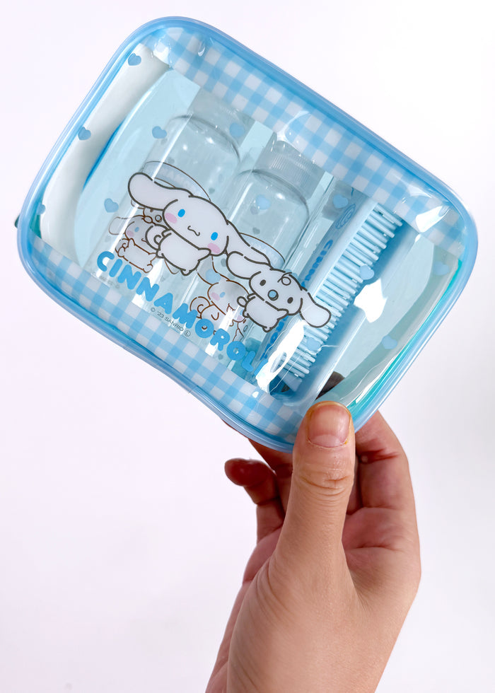 Sanrio X Skater Cinnamoroll 5PC Travel Set in blue with Cinnamoroll travel accessories set including pouches and travel containers — model view