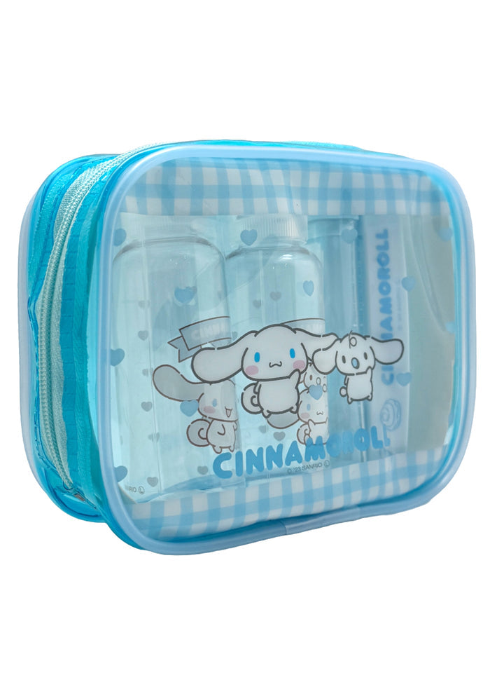 Sanrio X Skater Cinnamoroll 5PC Travel Set in blue with Cinnamoroll travel accessories set including pouches and travel containers — side view