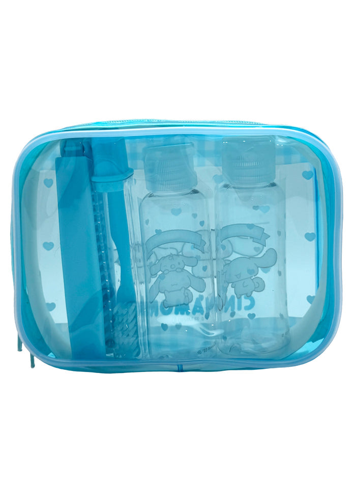 Sanrio X Skater Cinnamoroll 5PC Travel Set in blue with Cinnamoroll travel accessories set including pouches and travel containers — back view