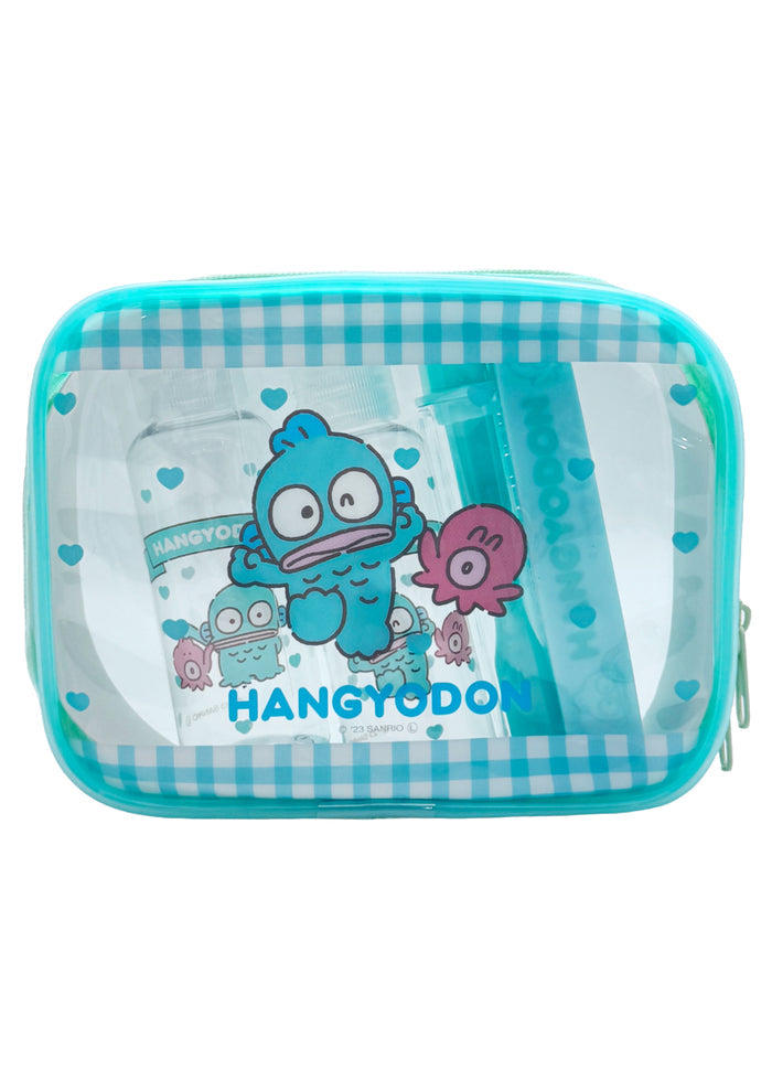 Sanrio X Skater Hangyodon 5PC Travel Set in aqua with Hangyodon travel accessories set including pouches and travel containers — front view