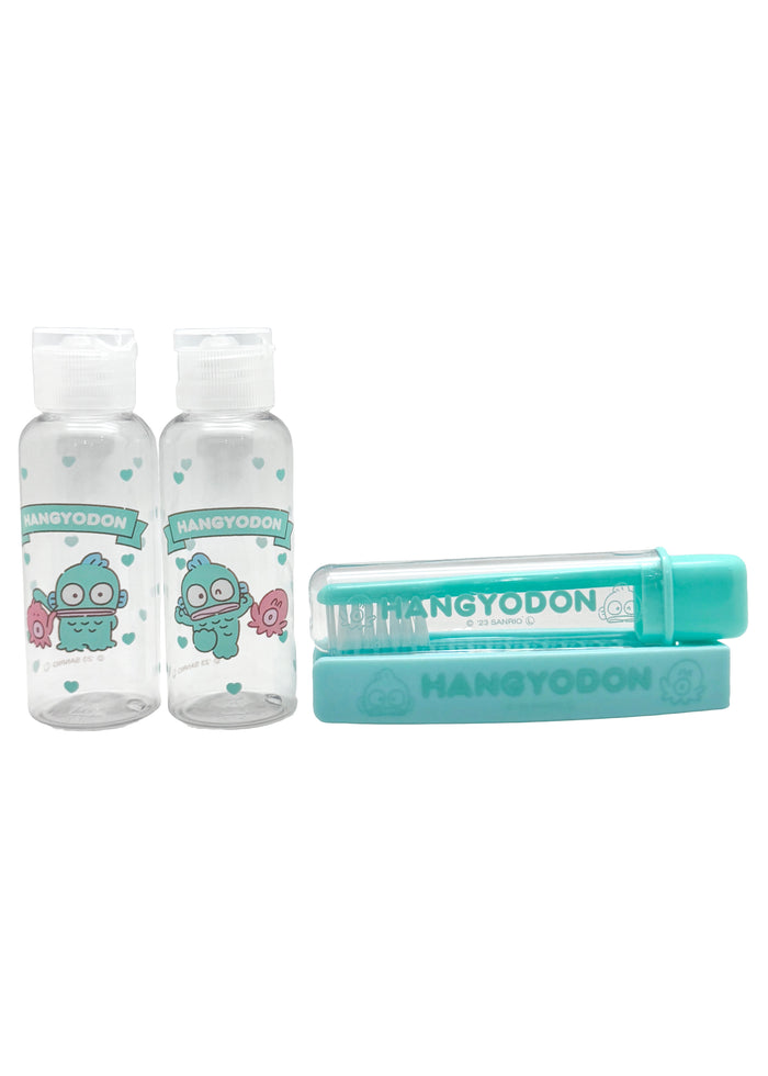 Sanrio X Skater Hangyodon 5PC Travel Set in aqua with Hangyodon travel accessories set including pouches and travel containers — contents view