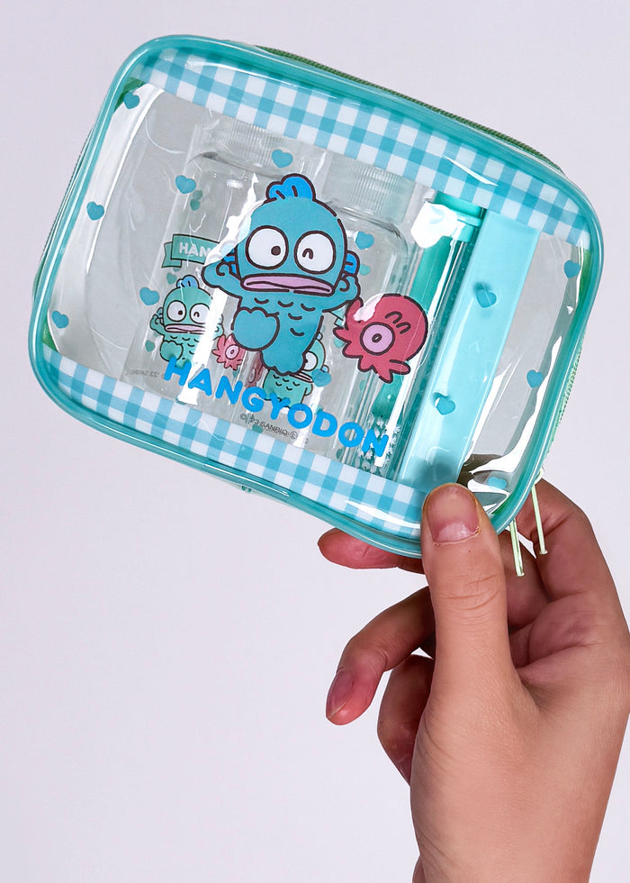 Sanrio X Skater Hangyodon 5PC Travel Set in aqua with Hangyodon travel accessories set including pouches and travel containers — model view