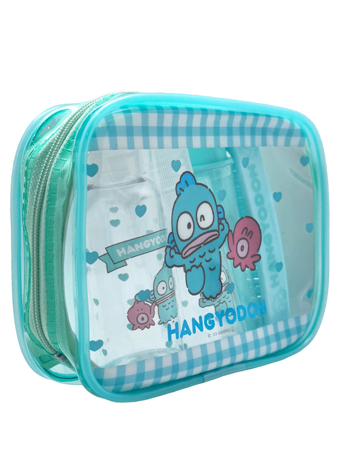 Sanrio X Skater Hangyodon 5PC Travel Set in aqua with Hangyodon travel accessories set including pouches and travel containers — side view