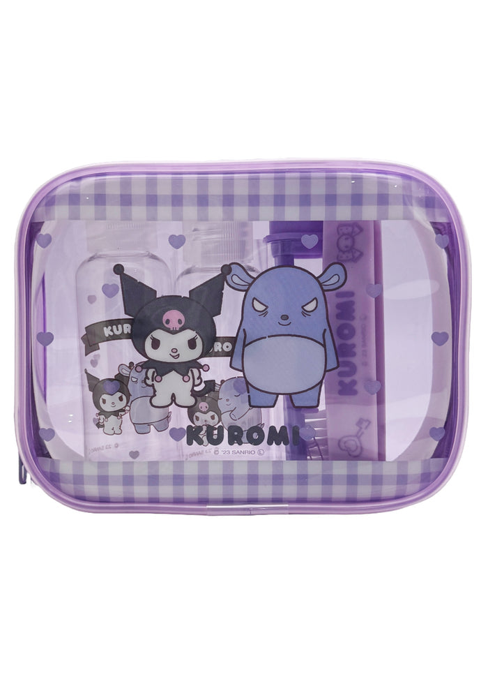 Sanrio X Skater Kuromi 5PC Travel Set in purple with Kuromi travel accessories set including pouches and travel containers — front view