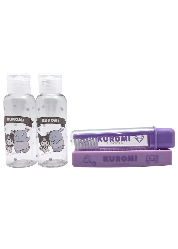 Sanrio X Skater Kuromi 5PC Travel Set in purple with Kuromi travel accessories set including pouches and travel containers — contents view