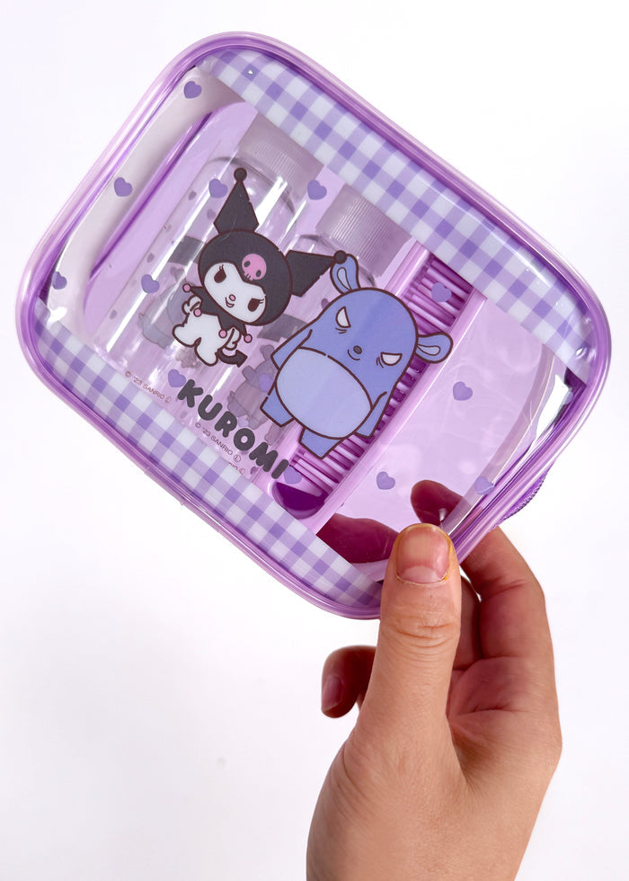 Sanrio X Skater Kuromi 5PC Travel Set in purple with Kuromi travel accessories set including pouches and travel containers — model view