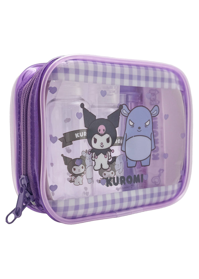 Sanrio X Skater Kuromi 5PC Travel Set in purple with Kuromi travel accessories set including pouches and travel containers — side view