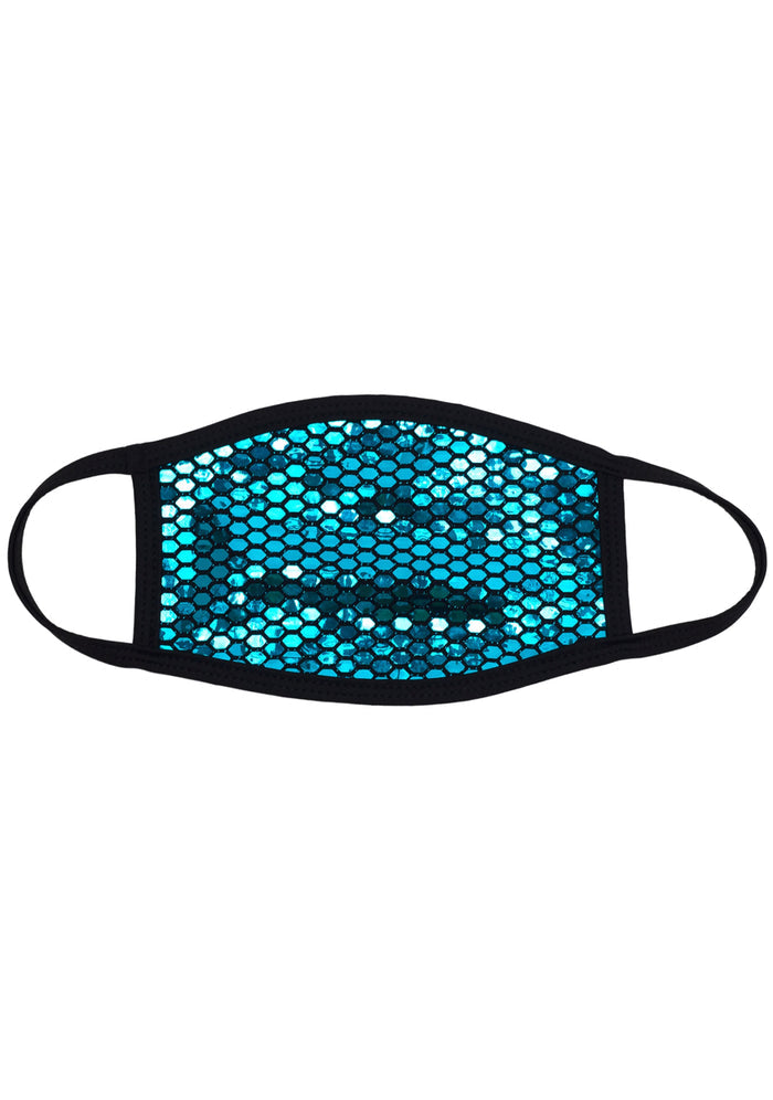 BGlittz Sapphire Party Dust Mask in metallic blue turquoise with shiny honeycomb cut-out on breathable nylon rave festival face mask — front view