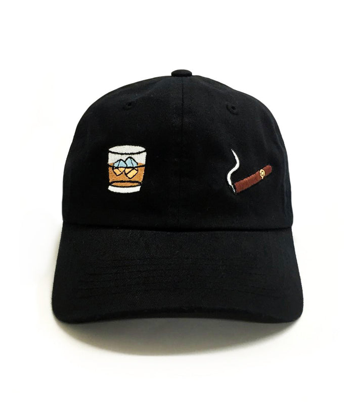 Scotch/Cigar embroidered dad hat black with scotch glass and cigar design from Dad Brand