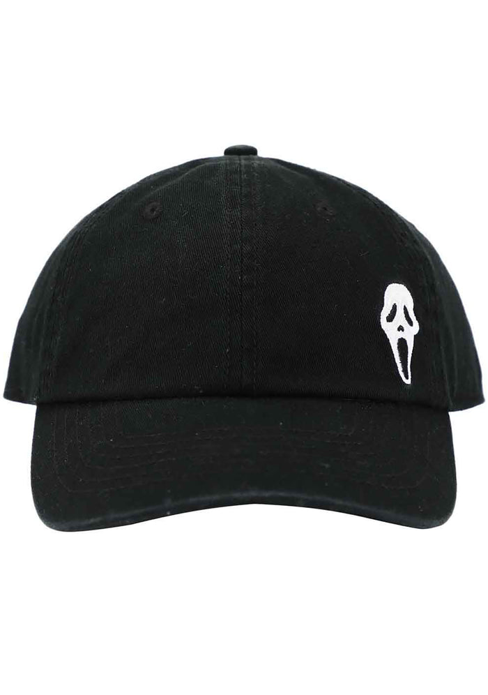 Bioworld Scream Ghostface Raglan Hat in black with embroidered Ghostface detail on horror fandom rave festival hat — front view