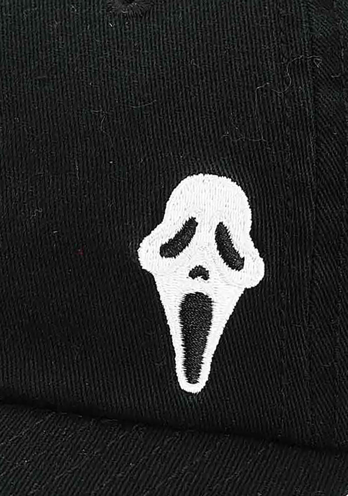 Bioworld Scream Ghostface Raglan Hat in black — embroidered detail view