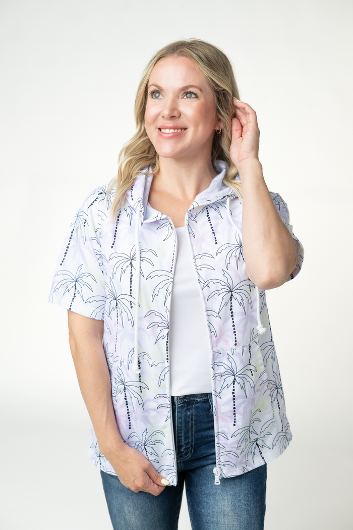 Short Sleeve Hoodie - Neon Palm Trees