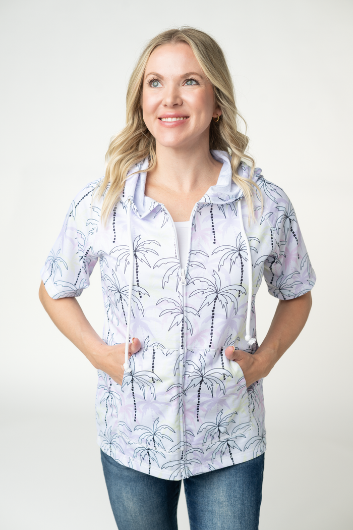 Short Sleeve Hoodie - Neon Palm Trees