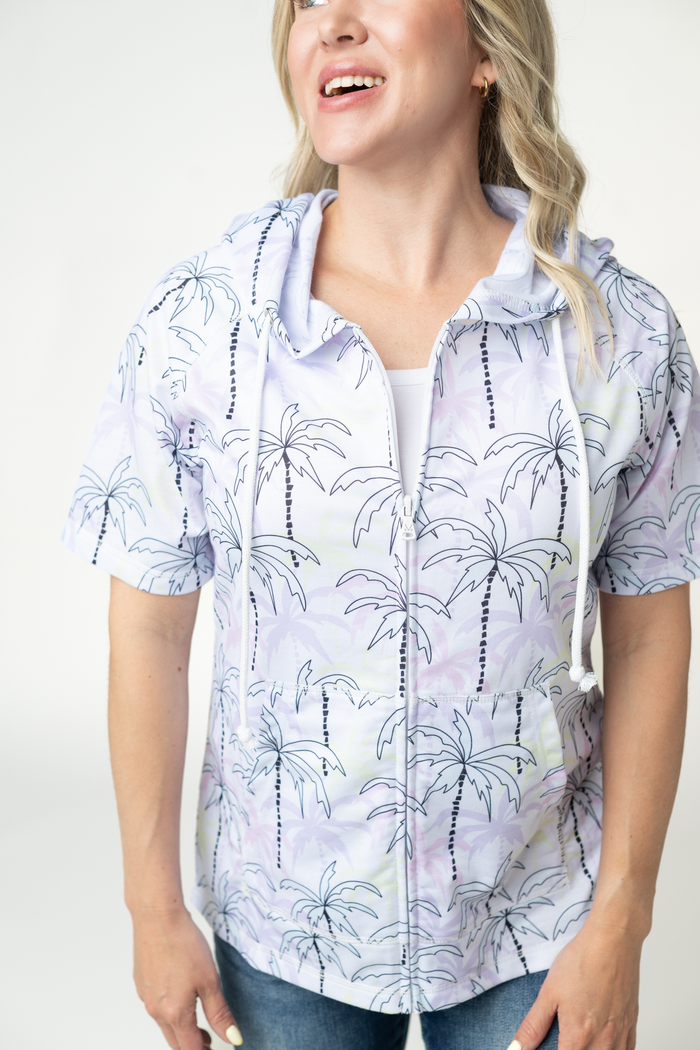 Short Sleeve Hoodie - Neon Palm Trees