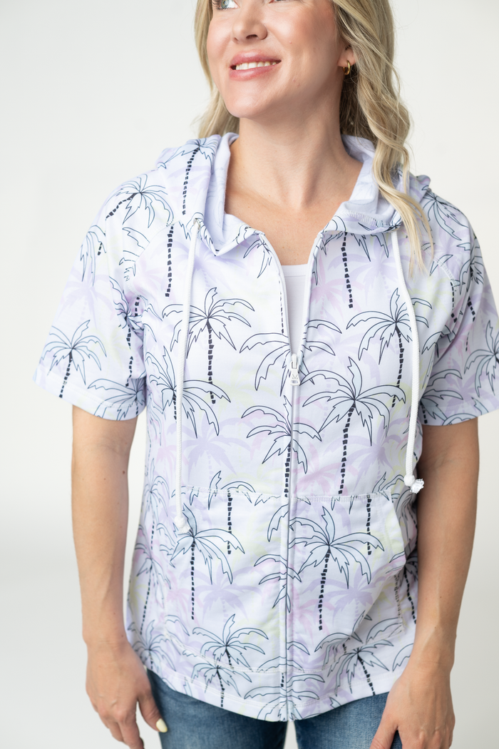Short Sleeve Hoodie - Neon Palm Trees