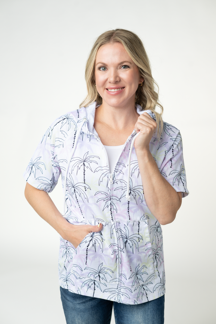 Short Sleeve Hoodie - Neon Palm Trees