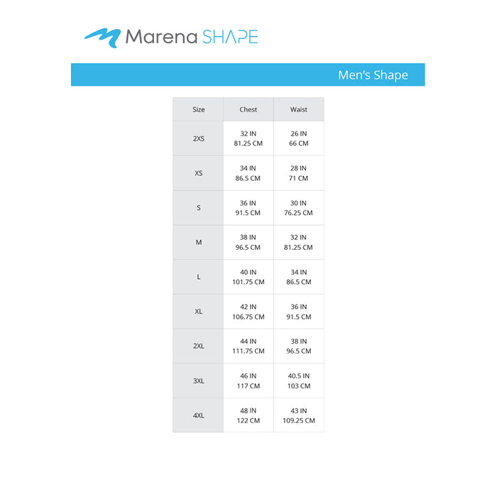 Marena Men's Shape size chart, chest waist point of  measure