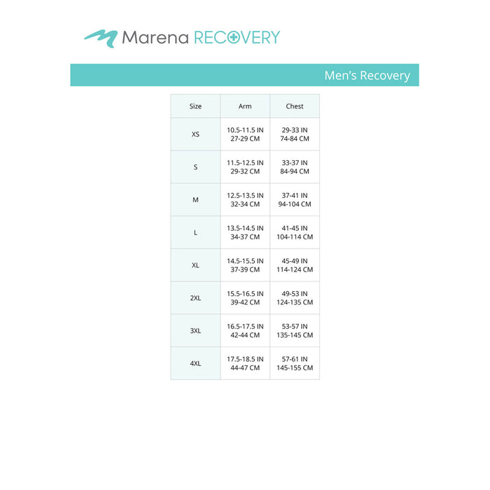 Marena Men's Recovery size chart, arm chest point of mesure