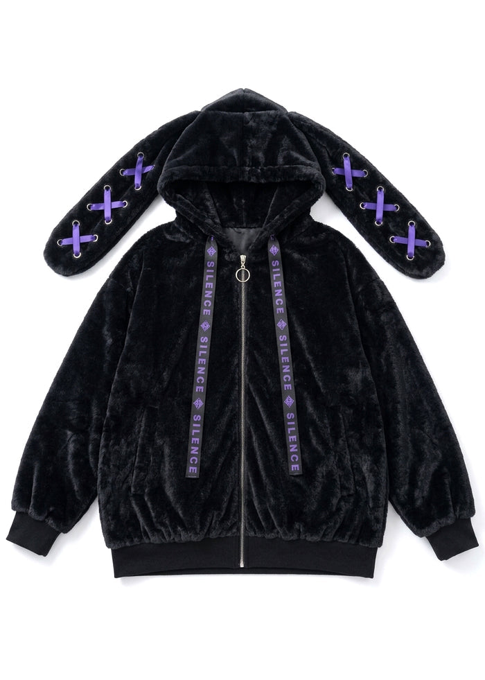 Resham Silence Bunny Ear Black Purple Faux Fur Oversized Jacket in black with purple lace-up bunny ear hood on jacket — flat lay front