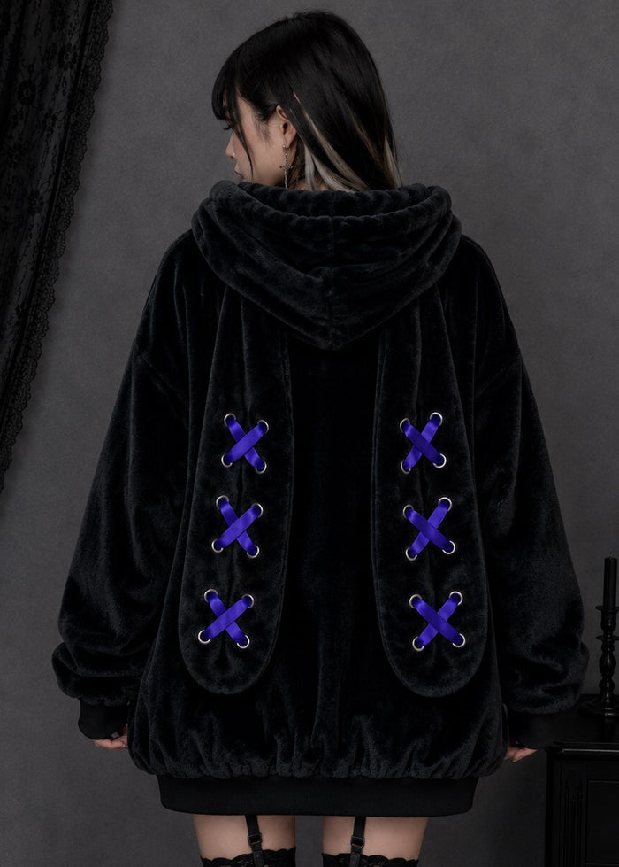Resham Silence Bunny Ear Black Purple Faux Fur Oversized Jacket in black with purple lace-up bunny ear hood on jacket — back on model