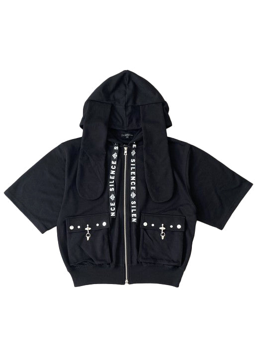 Bike Star Silence Bunny Ear Oversized Zip Hoodie in black with silver eyelet bunny ear hood on hoodie — flat lay front