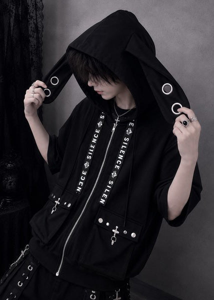 Bike Star Silence Bunny Ear Oversized Zip Hoodie in black with silver eyelet bunny ear hood on hoodie — front on model
