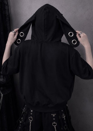 Bike Star Silence Bunny Ear Oversized Zip Hoodie in black with silver eyelet bunny ear hood on hoodie — back on model