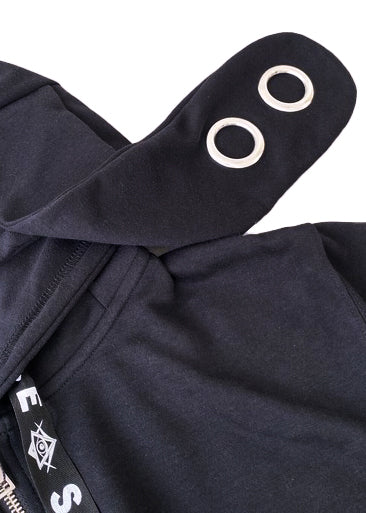 Bike Star Silence Bunny Ear Oversized Zip Hoodie in black with silver eyelet bunny ear hood on hoodie — bunny ear eyelet hardware detail