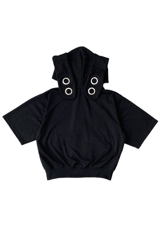Bike Star Silence Bunny Ear Oversized Zip Hoodie in black with silver eyelet bunny ear hood on hoodie — flat lay back