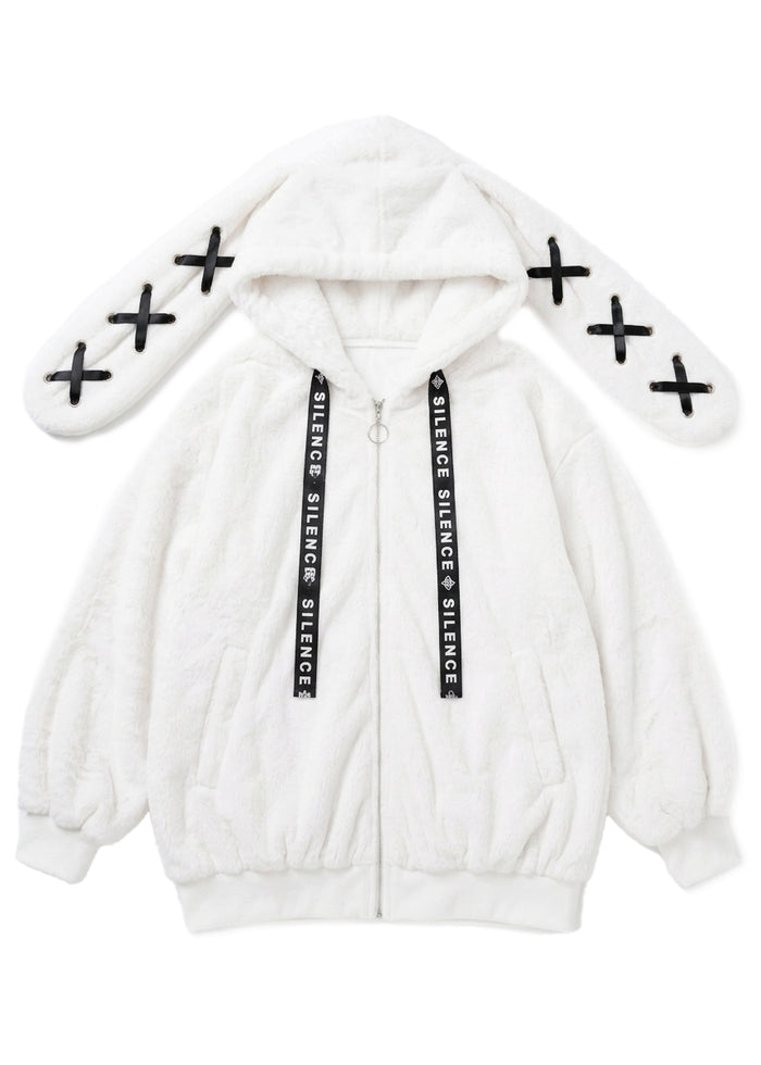 Resham Silence Bunny Ear White Black Faux Fur Oversized Jacket in white with black lace-up bunny ear hood on jacket — flat lay front