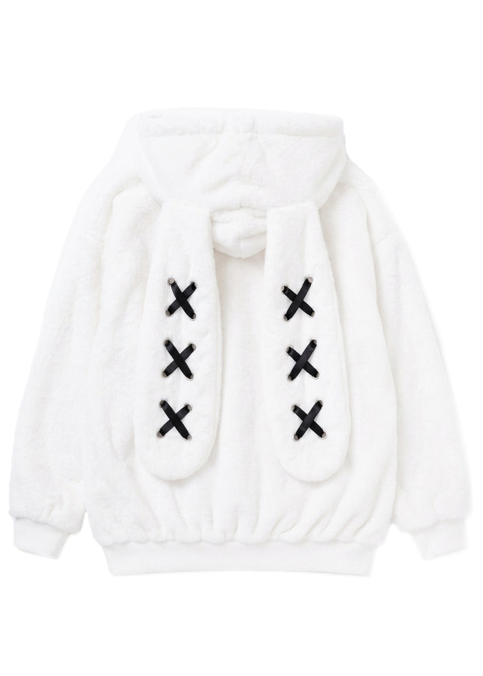 Resham Silence Bunny Ear White Black Faux Fur Oversized Jacket in white with black lace-up bunny ear hood on jacket — flat lay back
