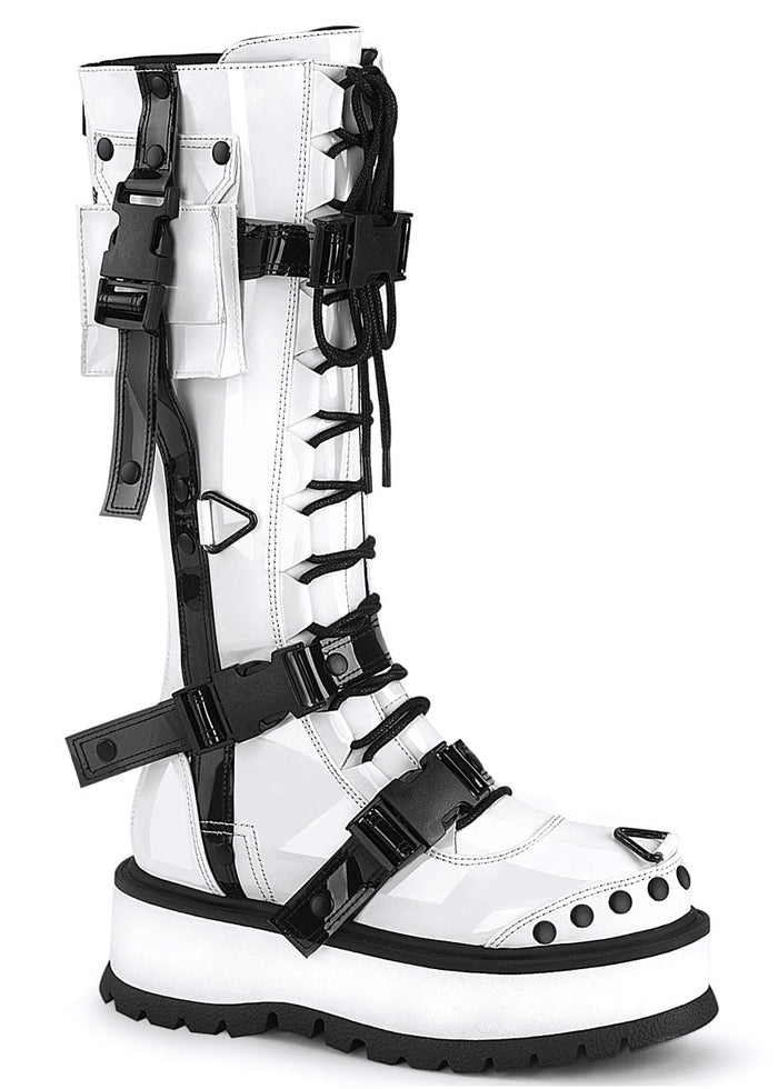 Demonia SLACKER 260 Cyberpunk Tech Patent White Rave Platform Boots in white vegan patent leather with contrast black tech straps and functional cargo pocket — front view