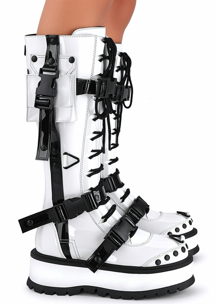 Demonia SLACKER 260 Cyberpunk Tech Patent White Rave Platform Boots in white vegan patent leather with matte black hardware and quick-release buckles worn by model — side view