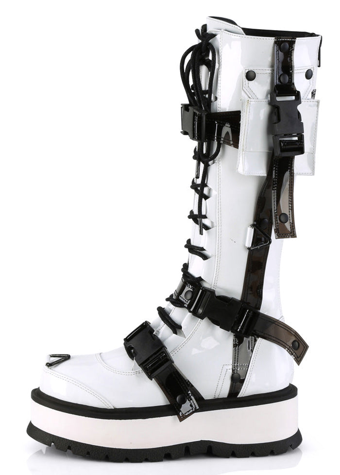 Demonia SLACKER 260 Cyberpunk Tech Patent White Rave Platform Boots in white vegan patent leather showing functional side cargo pocket and black tech strap — detail shot