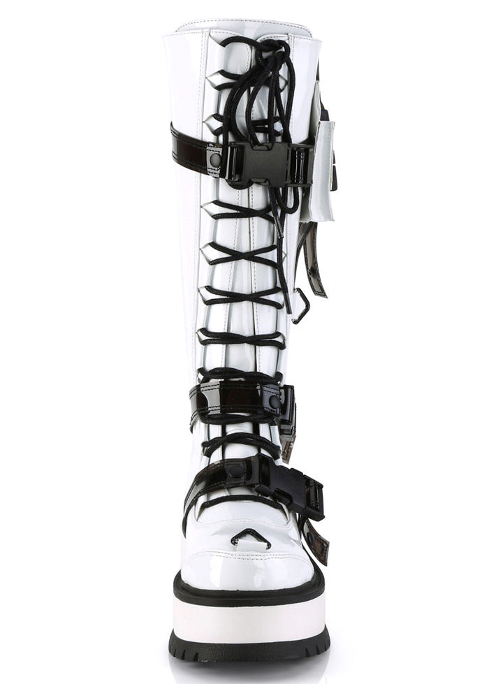 Demonia SLACKER 260 Cyberpunk Tech Patent White Rave Platform Boots in white vegan patent leather showing 2 inch platform and wrapped outsole — side view