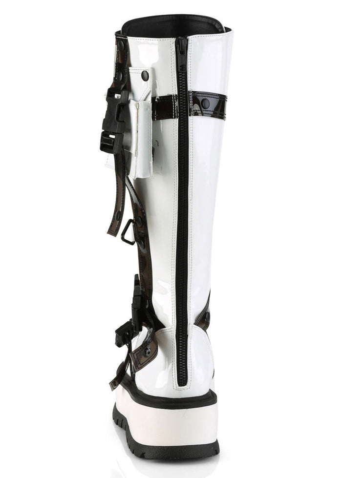 Demonia SLACKER 260 Cyberpunk Tech Patent White Rave Platform Boots in white vegan patent leather showing back zipper closure and knee-high silhouette — back view